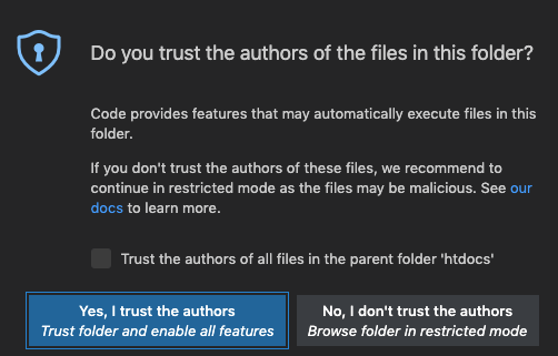 Visual Studio Code vs code Do you trust the authors of the files in this folder? Restricted Mode is intended for safe code browsing. Trust this folder to enable all features. 1.57