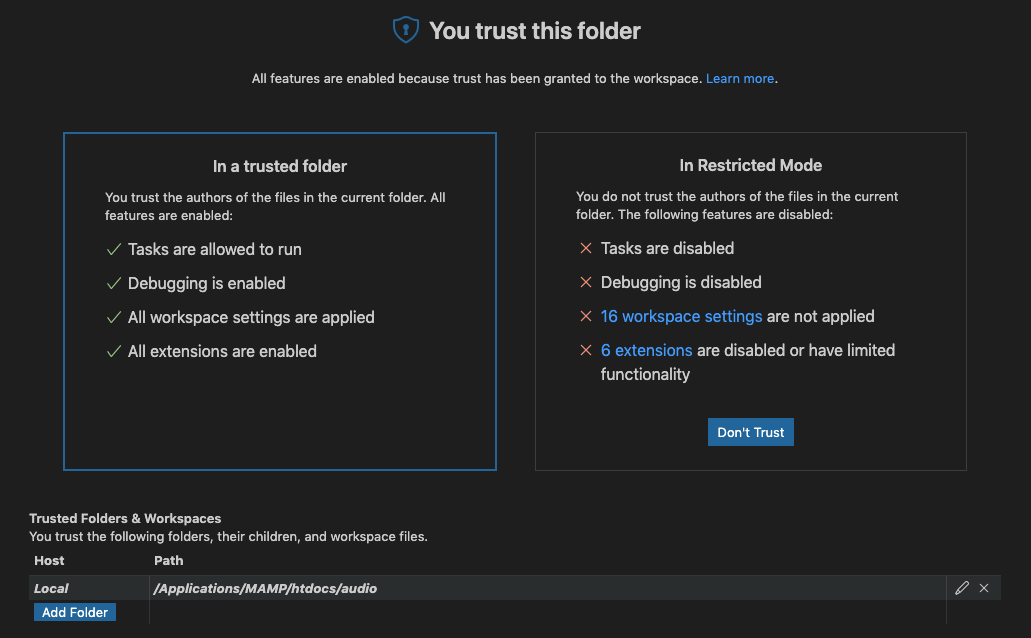 Visual Studio Code vs code Do you trust the authors of the files in this folder? Restricted Mode is intended for safe code browsing. Trust this folder to enable all features. 1.57