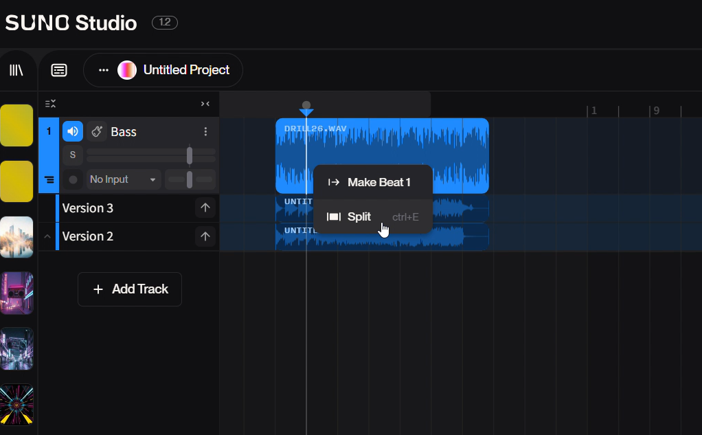 Suno Studioのスプリット機能の使いオーディオ音源素材をカットするやり方 - ③ 右クリックしてスプリットする