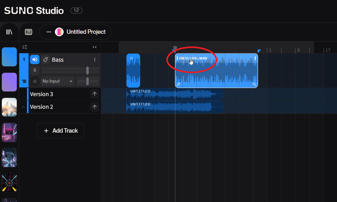 Suno Studioのスプリット機能の使いオーディオ音源素材をカットするやり方 - ④ スプリットした素材を移動する